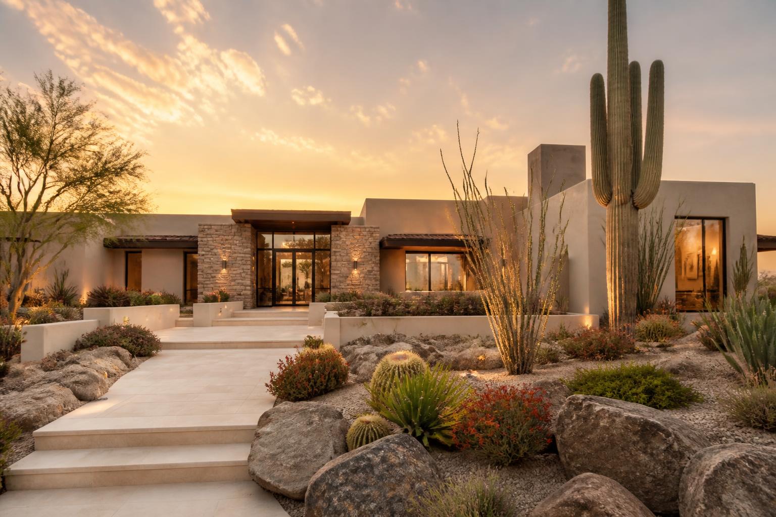 Modern Phoenix desert home at sunset